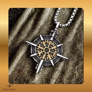 Stainless Steel Viking Vegvisir Compass Pendant Necklace Gold Accents 60cm Chain - Picture 1 of 7