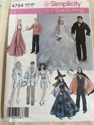 Simplicity 4754 UNCUT Doll Clothes Barbie, 11 ½”  - 2004 Sewing Pattern costumes - Image 1 of 2