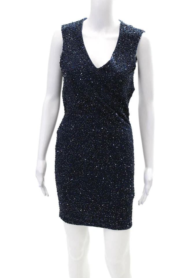 Haute Hippie Womens Side Zip Sleeveless V Neck Beaded Knit Dress Navy Size XS - Image 1 of 4