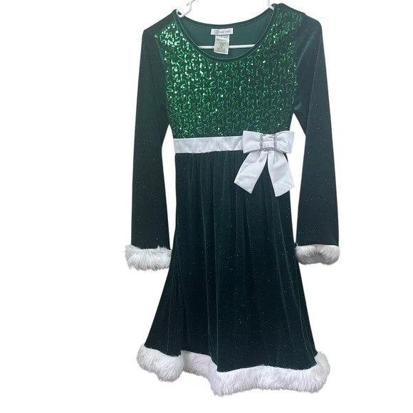 Girls Green Christmas Holiday Dress Sequin White Fur Bow Party - Image 1 of 4