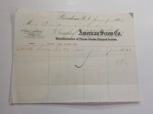 Documento de la Guerra Civil 1862 Providence Tool Company Armory American Screw Co. De colección  - Imagen 1 de 2