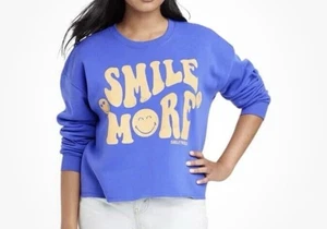 SMILEY WORLD Damen XL blau gelb cropped Smile More SWEATSHIRT - Bild 1 von 6