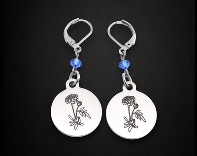 Brincos de flor de calêndula com pedra de nascimento, joias de flores de nascimento de calêndula de outubro - Imagem 1 de 4