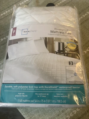 NIP Mainstays Waterproof quilted white mattress pad fits full bed up to 15" deep - Image 1 of 4