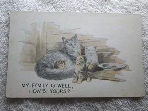 Antiguo mi familia está bien, ¿cómo está la tuya? Postal de gato cómic de gatito - Imagen 1 de 2