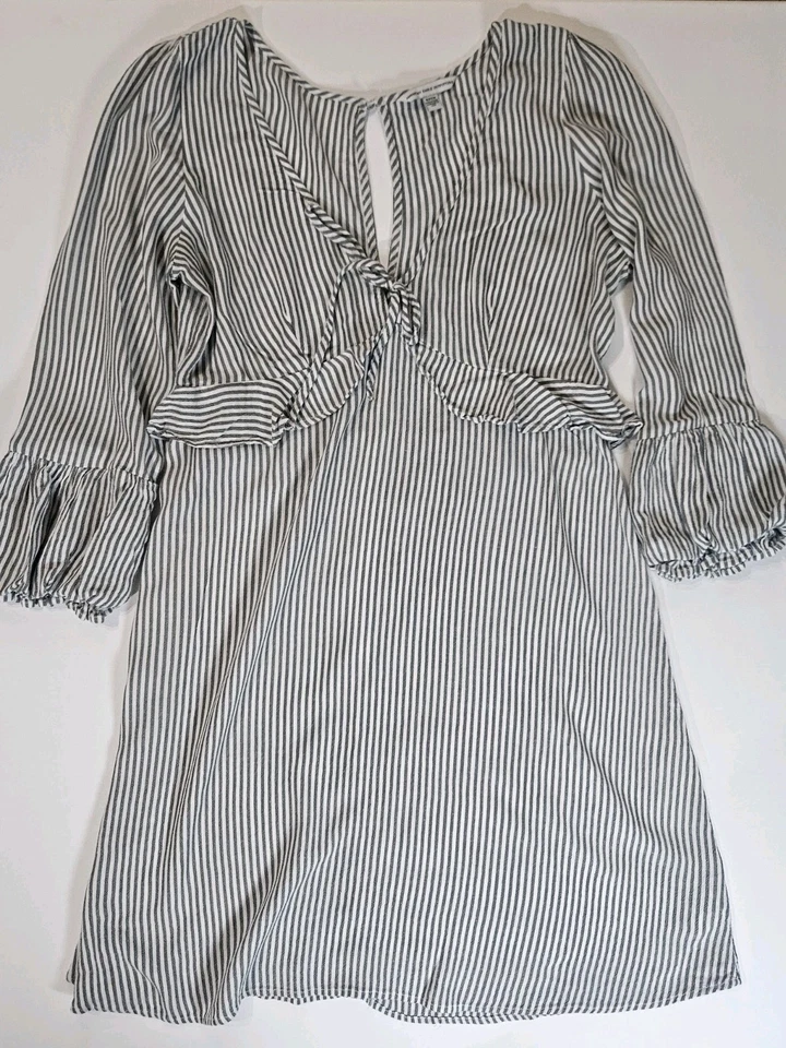 American Eagle Mini Dress Womens Dress Small Grey White Stripe 3/4 Ruffle Cuff - Image 1 of 1