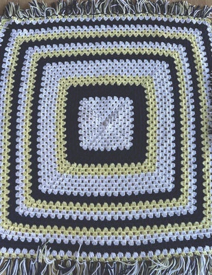 Handmade Knit Crochet Baby Blanket w/ Fringe Navy Blue Yellow White 40 x 40 - Image 1 of 3