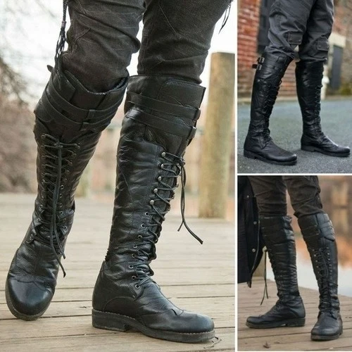 Vintage Medieval Men's Boots Shoes Winter Knee High Boots Cross Strap Lace Up - Image 1 of 4