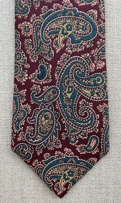 Corbata de seda vintage granate rosa verde cachemira impresa a mano en Italia 3 3/8" x 55" Foto 1 de 4