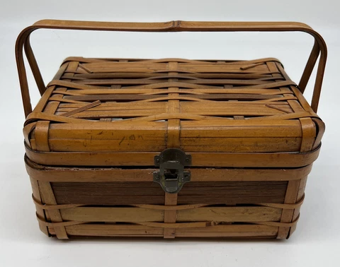 Vintage Bamboo Basket Purse Sewing Lunch 7.5x5x4” Storage Japanese 1960’s Cover