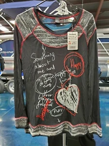 Desigual brand. Black long sleeve blouse with writing on front. US L, EUR XL. - Picture 1 of 2