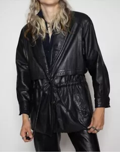 Vintage Wilsons Pelle Studio Leather Jacket Black women's Size L 80's long - Picture 1 of 11