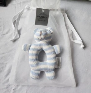 Gisela Graham Knitted Plush 14cm - Blue Striped Bear Rattle - Picture 1 of 12