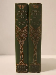 Antique 1888 Victor Hugo 2 Volume Set TOILERS OF THE SEA Gold/Green Spines HANDY - Picture 1 of 12