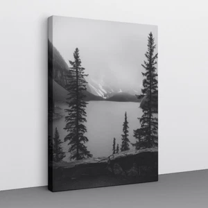 Foggy Lake Wall Art – Monochrome Pine Tree Canvas Print – Serene Mountain - Picture 1 of 44