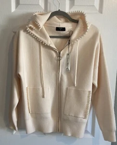 NWT $118 T Tahiti Lite Cream Peachy Viscose Blend Pearl Detail Zip Hoodie M - Picture 1 of 11