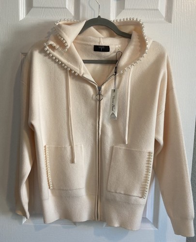OFF WHITE Felpa con cappuccio nuova con etichette $118 T Tahiti Lite crema miscela viscosa pesca dettaglio perla M