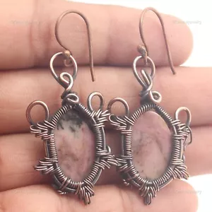 Anniversary Gift For Her Rhodonite Drop/Dangle Earrings Copper Jewelry 2" - Picture 1 of 6