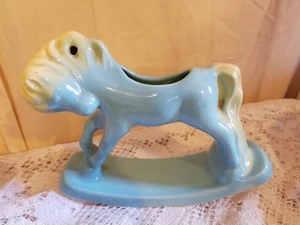 Vtg Baby Blue yellow Ceramic Rocking Pony Horse Planter gift nursery decor - Picture 1 of 7