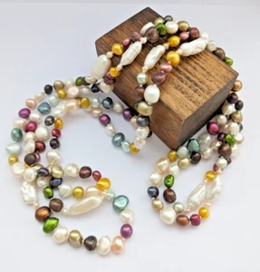 Long Multi Coloured Freshwater Pearl Necklace Single Strand Knotted - Picture 1 of 6