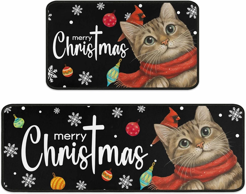 Decoraciones de Navidad para Hogar Gato Feliz Navidad Juego de 2 Alfombras de Cocina, Feliz  Foto 1 de 4