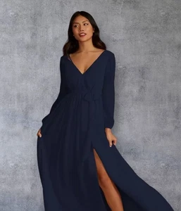 DB Studio Marine Chiffon Langarm V-Ausschnitt Kleid Gr. 4 Brautjungfernkleid mit Schlitz - Bild 1 von 10