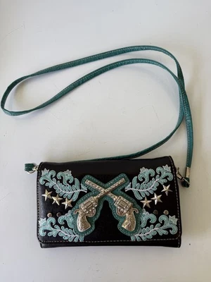 Montana West wallet wristlet silver cross guns embroidered black and turquoise  - Image 1 of 4
