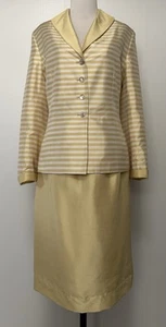Vtg 90s Kasper ASL Silk Suit 12 Yellow Stripe Jacket Skirt 2 Pc Church Wedding - Picture 1 of 15