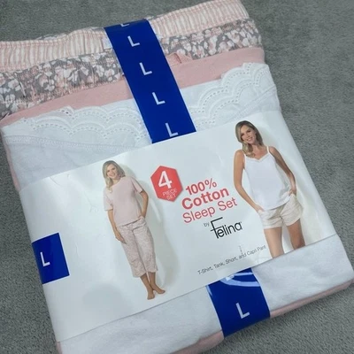 Felina 4 Piece Cotton Sleep Set  T-Shirt Tank Capri Shorts a1592 - Image 1 of 4