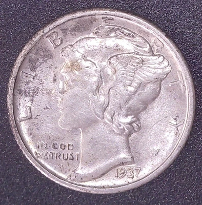 1937-S Mercury Dime 90% SILVER Circulated San Francisco Mint - Image 1 of 2