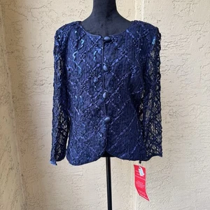 Nancy Neil marineblauer Spitzenblazer Gr. 16 (fällt klein aus) Pailletten Band Knopf Vintage neu mit Etikett - Bild 1 von 21