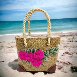 Borsa Tessuta Thailandese Borsa a Mano Vimini Tote Donna con Fodera Design Fiori Ricamati - Foto 1 di 15