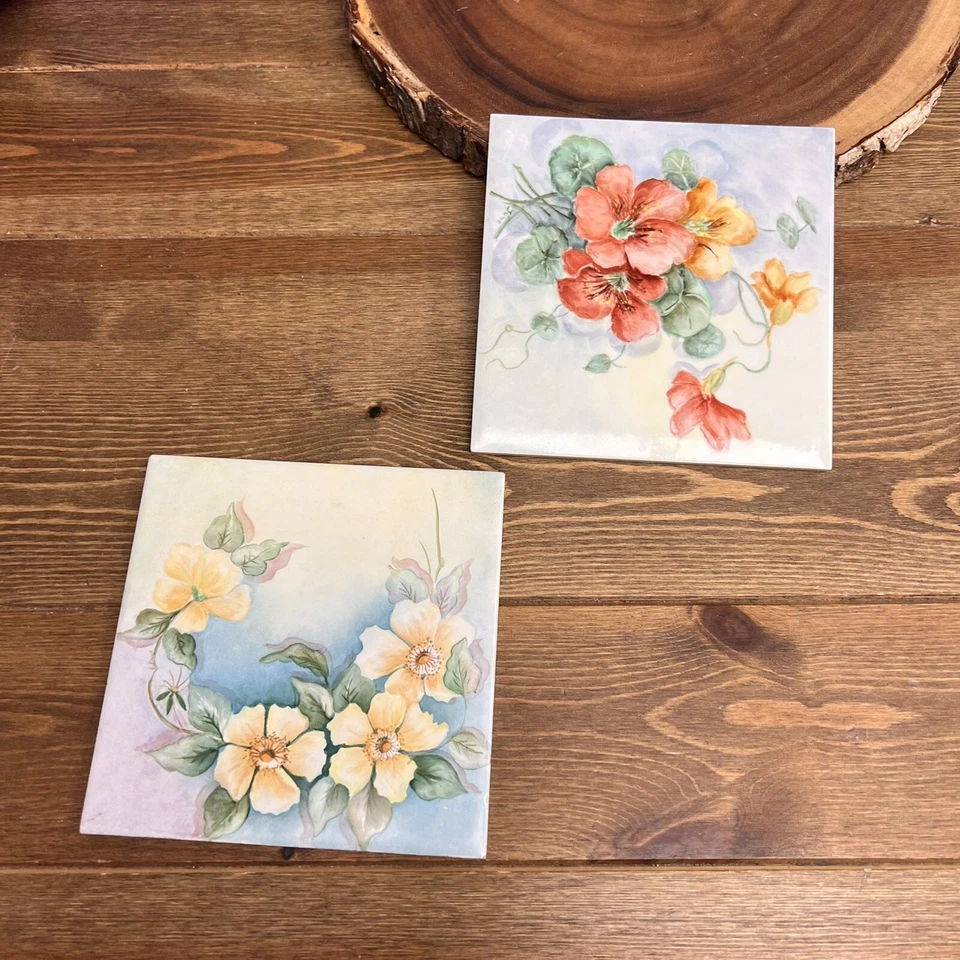 Tile Hand Painted Floral Design Unique and Collectible Set Of 2 - Image 1 of 4