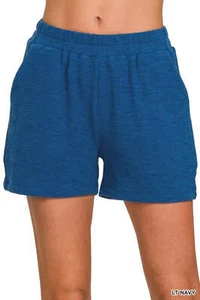 Zenana Cotton Slub Elastic Waist Pocketed Pull On Sweat Shorts Light Navy Blue - Picture 1 of 4