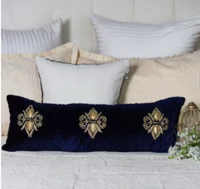BEAUTIFUL HANDMADE BLUE RICH VELVET BEADED AND EMBROIDERED LUMBAR CUSHION COVER - Image 1 of 4