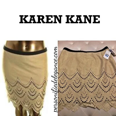 NOVA Saia Karen Kane Camurça Falsa Baja Riviera Bege Corte Laser Tamanho XL $128 - Imagem 1 de 4