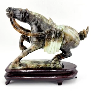 Chinese Dushan Stone Horse Statue With Base 1960's Jade Look - Picture 1 of 13