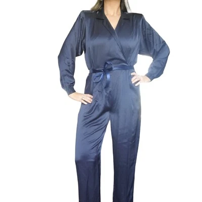 Mono de satén para mujer noche azul marino plisado negocios cóctel talla 6 de colección 80 Foto 1 de 4