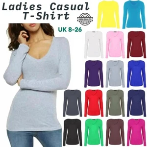 Ladies V-Neck Plain Long Sleeve T-Shirt Slim Fit Stretchy Casual Vest Top UK8-26 - Picture 1 of 23