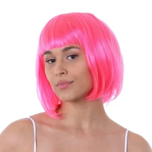 Pink Bob Wig Cosplay 1980s Fancy Dress Party Fashion Unisex Fringe Bob - Picture 1 of 1