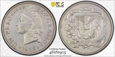 1939 PCGS AU Detail - DOMINICAN REPUBLIC - Silver Peso Coin #47203A - Image 1 of 3