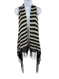 Full Tilt Black And Tan Striped Fringe Waterfall Knit Sweater Open Vest S - Picture 1 of 11
