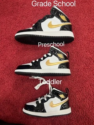 NIKE AIR Jordan 1 Mid Patent Black White Gold GS PS TD - Image 1 of 4