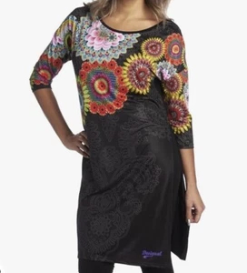 Desigual Longline Tunic Top S Black Rainbow Geometric Flowers Boho Art To Wear - Picture 1 of 11