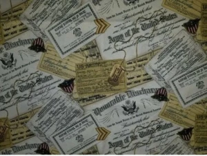 EVLIS PRESLEY MILITARY DOG TAGS PAPERWORK COTTON FABRIC 1 YARD - Picture 1 of 2