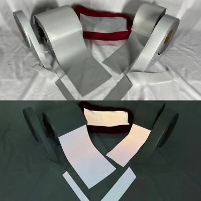 Tela REFLECTANTE Plateada Hierro 1" 2" 4" 6" Pulgadas 10', 20', 30' Rollos Chaleco Borde Foto 1 de 4