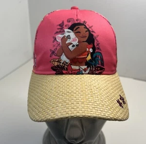 Disney Moana Hat Cap Youth Adjustable Strap Back Pink Straw Bill Floral Hawaiian - Picture 1 of 5
