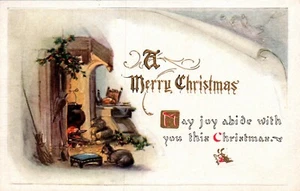 POSTCARD MERRY CHRISTMAS THE FIRE PLACE - EMBOSSED - Picture 1 of 2