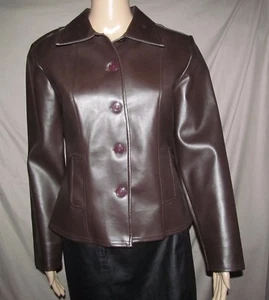 Vintage 1990s Brown PVC Leatherette Front Button jacket Made USA JUNIORS M Med - Picture 1 of 9