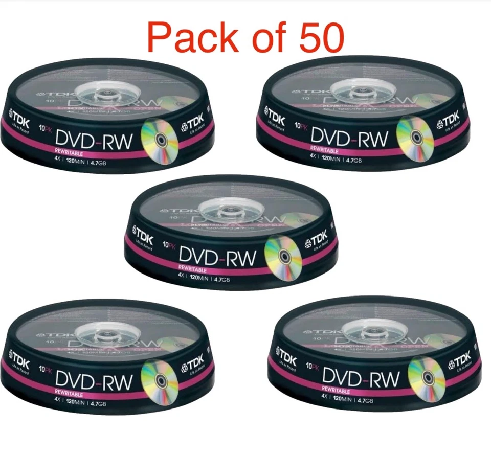 50x TDK Blank DVD-RW Disc 4x 120min 4.7GB Video/Data Re-Writable - Image 1 of 1